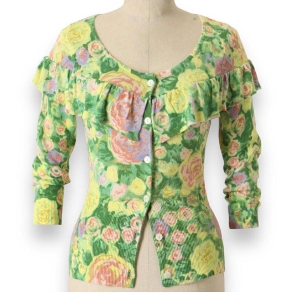 Yellow Bird Anthropologie | Colored Pencil Floral Cardigan Sweater Large